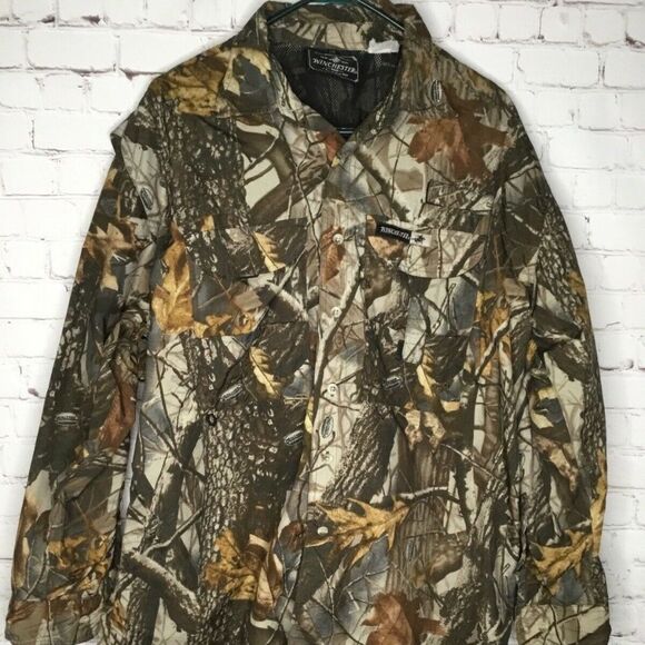 VTG Winchester Men Vented Lightweight Hunting Camo Long Sleeve Button Up Shirt L - Picture 1 of 12